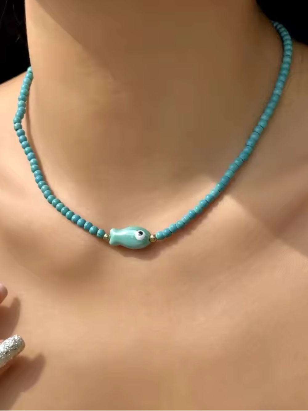 Turquoise Ceramic Fish Beaded Necklace - Women Jewelry